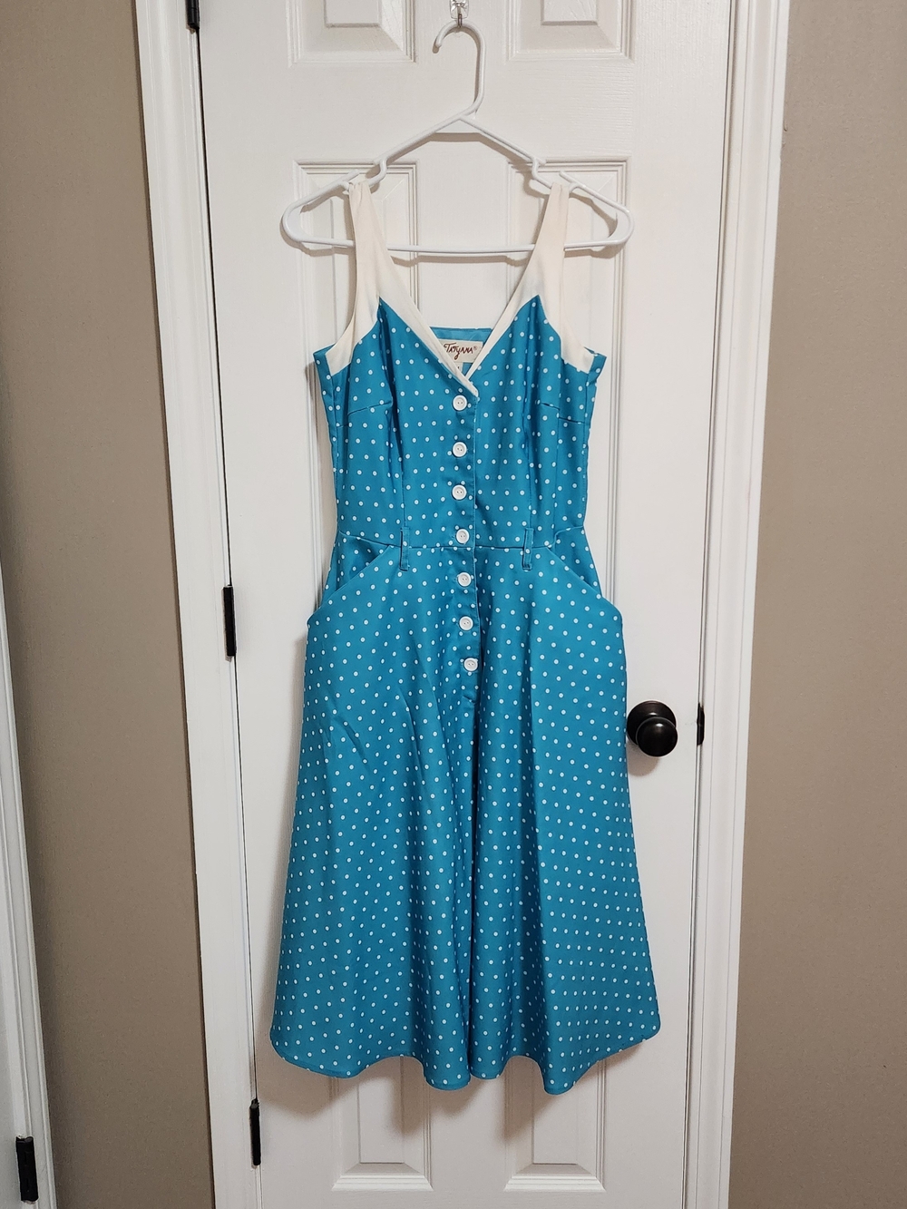 Tatyana Teal Polka Dot Pinup Dress with Cream Trim